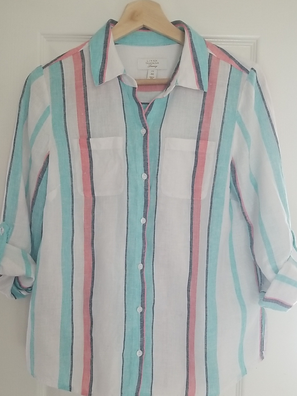 Charter Club White Button-Down Shirt with Teal & Coral Stripes